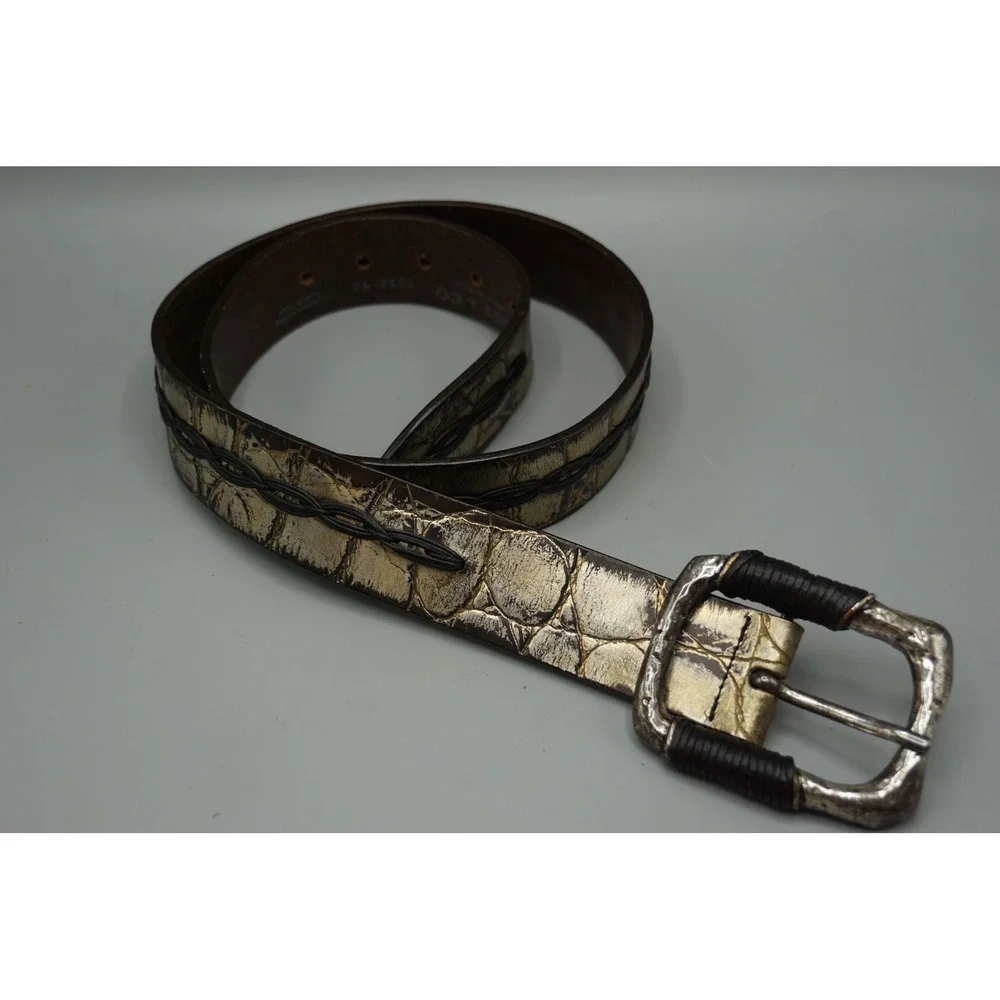 Post & Co Italy Croc Embossed Gold Metallic Leather Belt Hammered Buckle Size 36